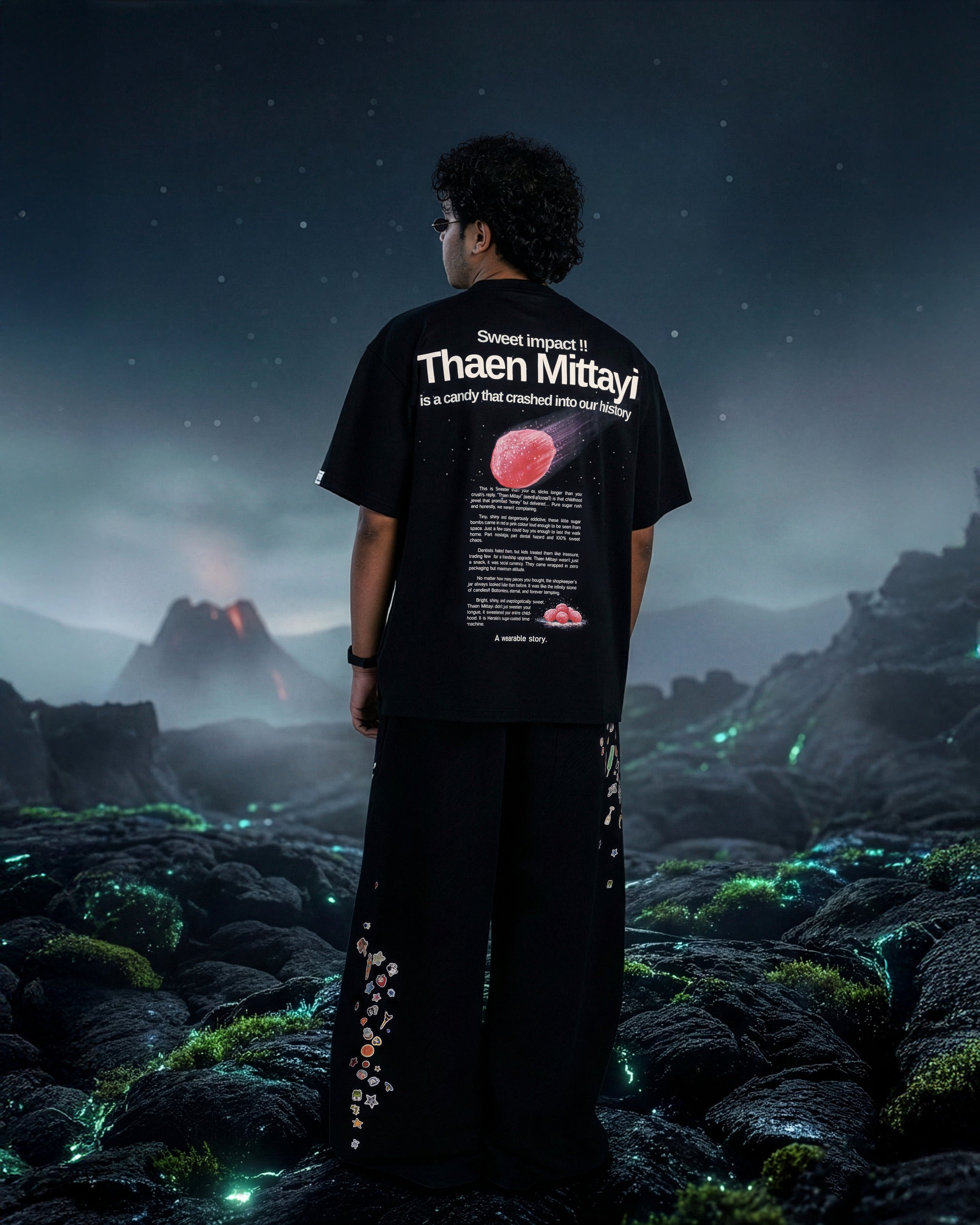 Person wearing a black t-shirt with text and graphics in a fantasy landscape