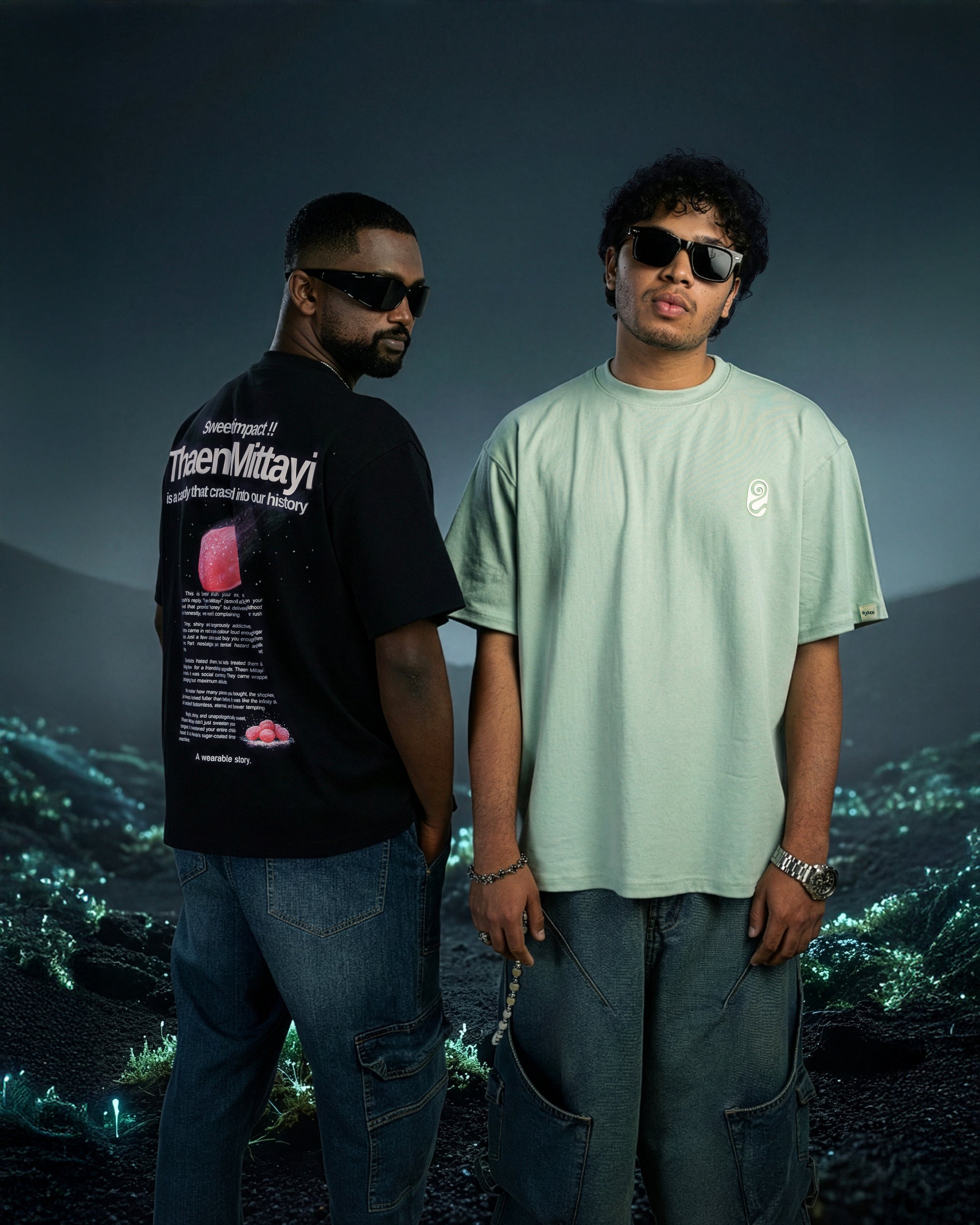 Two individuals standing against a dark, mountainous landscape with city lights in the background.