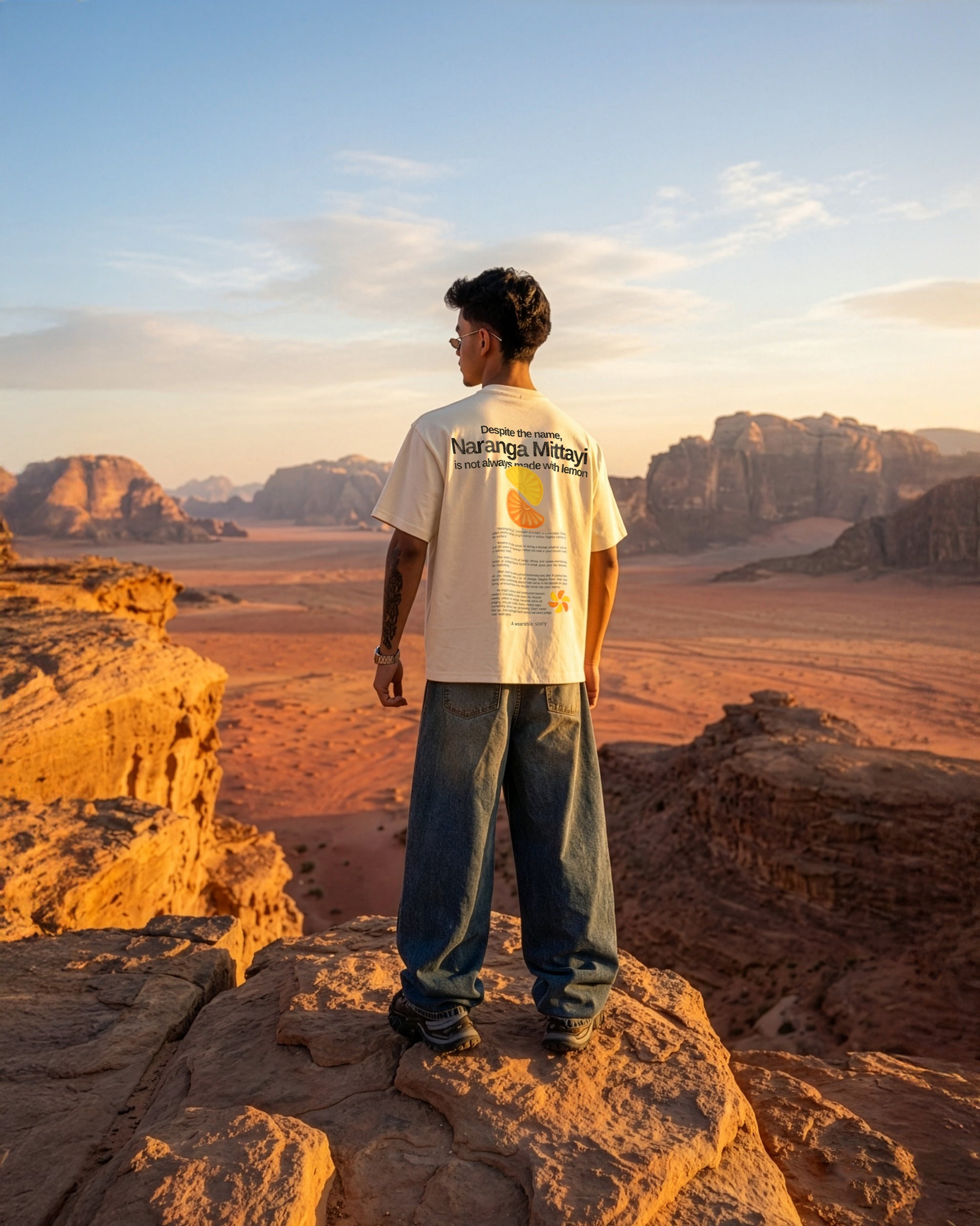 Person standing on a rocky outcrop in a desert landscape with mountains in the background.
