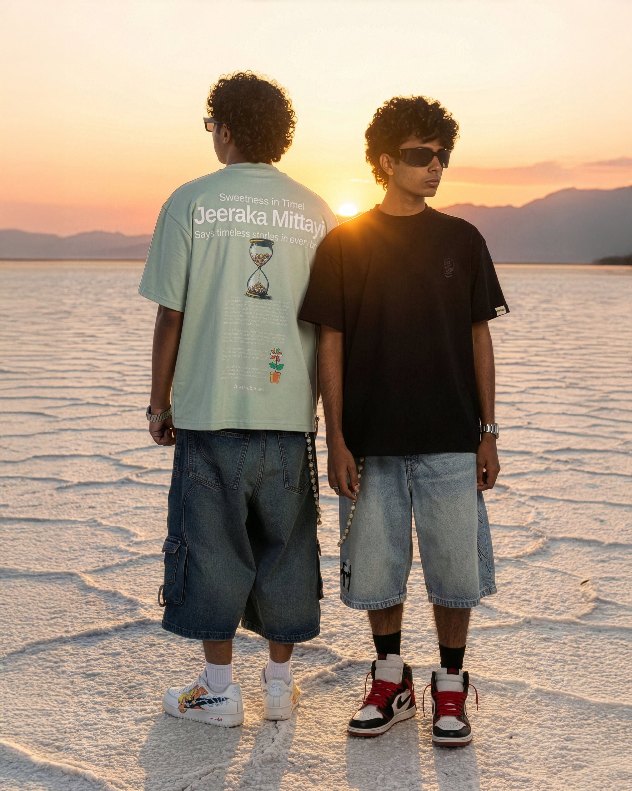 Two people standing on a salt flat at sunset, wearing casual clothing.